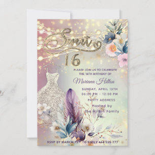 Cool boho floral glitter  String lights sparkle  Invitation