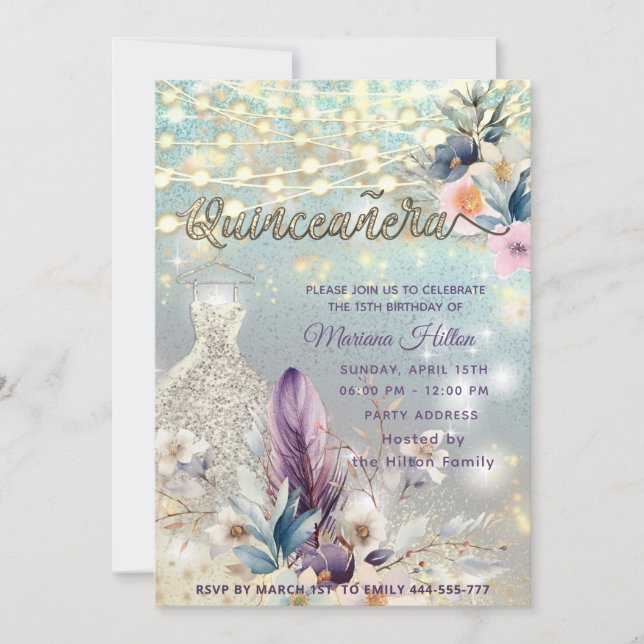 Cool boho floral glitter  String lights sparkle  Invitation (Front)