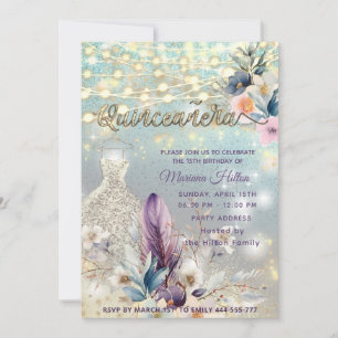 Cool boho floral glitter  String lights sparkle  Invitation