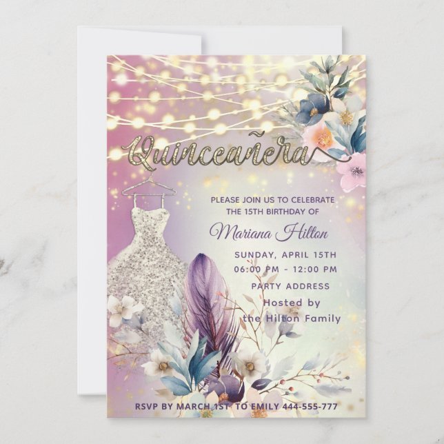 Cool boho floral glitter  String lights sparkle  Invitation (Front)