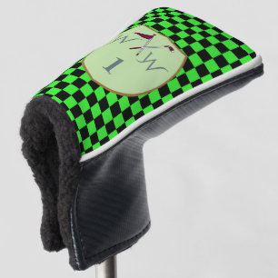 Cool Bold Neon Green & Black Chequered Monogram  Golf Head Cover