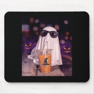 Cool boo ghost drinking iced coffee halloween mouse pad