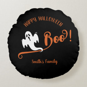 Cool Boo Little Ghost Happy Halloween Black Round Pillow