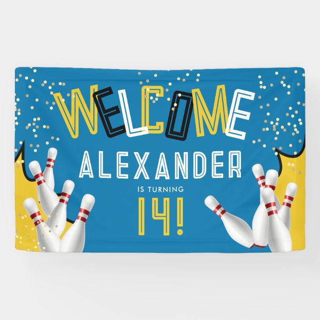 Cool Bowling Blue Strike Birthday Party Welcome Banner (Horizontal)