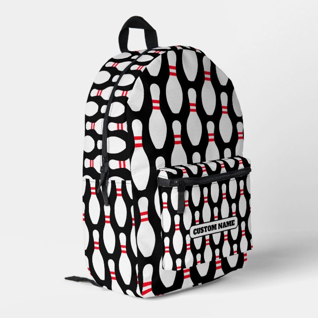 Cool bowling pin pattern backpack with custom name (Back Corner Left)