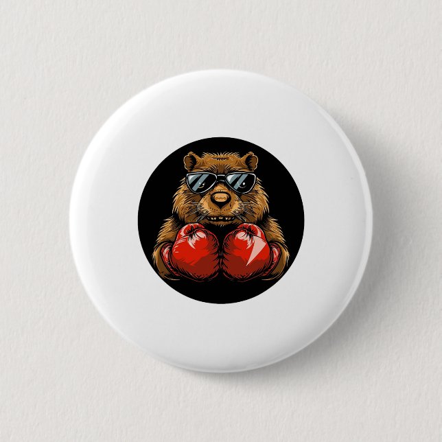 Cool Boxing Beaver Design For A Knockout Style  2 Inch Round Button (Front)