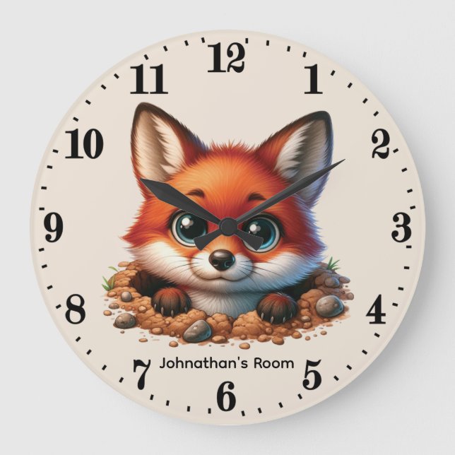 Cool boy's baby fox add name nursery large clock (Front)