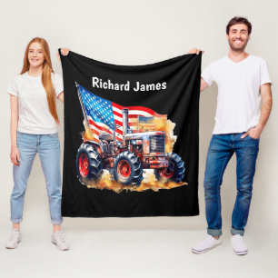 Cool Boys Patriotic tractor add name  Fleece Blanket