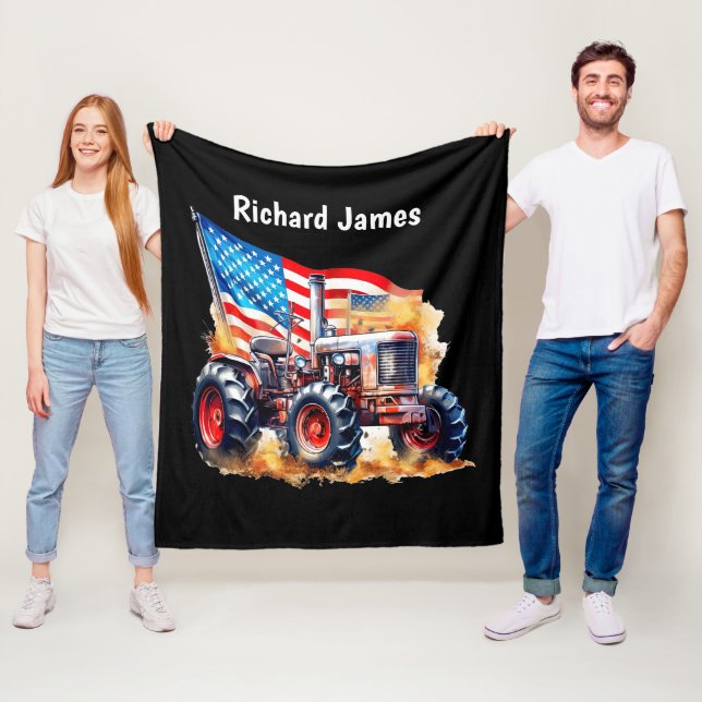 Cool Boys Patriotic tractor add name  Fleece Blanket (In Situ)