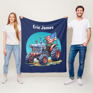 Cool Boys Patriotic tractor add  name Fleece Blanket