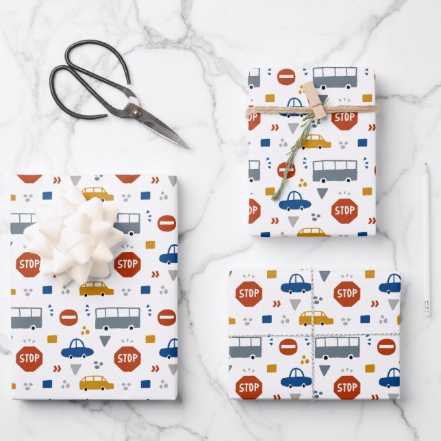 cool boys tiled transportation party  wrapping paper sheet (Front)