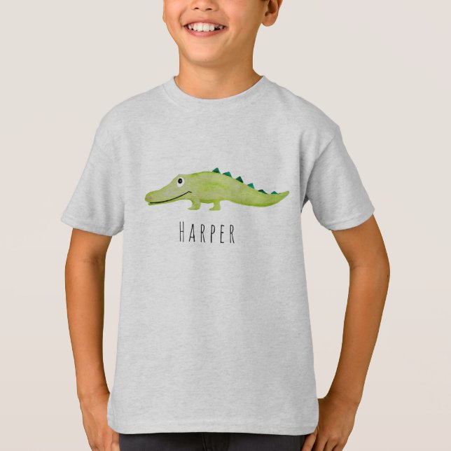 Cool Boy's Watercolor Crocodile Safari with Name T-Shirt (Front)