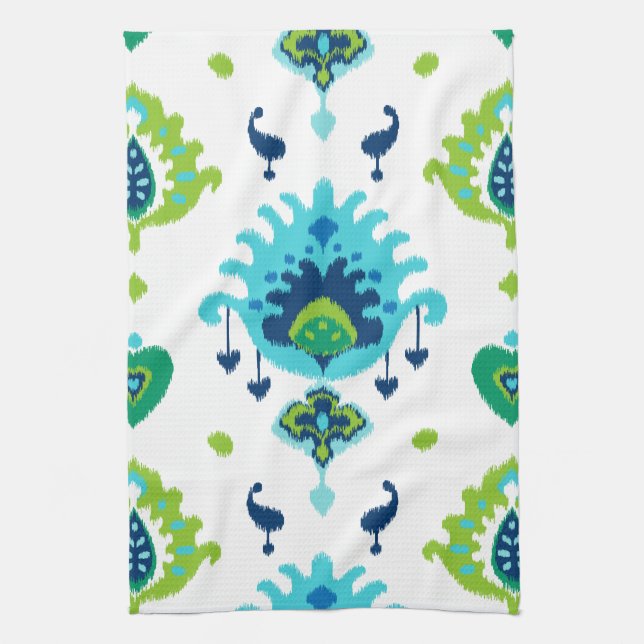 Cool bright blue and green tribal ikat print kitchen towel (Vertical)
