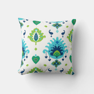 Cool bright blue and green tribal ikat print throw pillow