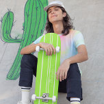 Cool Bright Green White Racing Stripes Monogrammed Skateboard<br><div class="desc">Create your own custom, personalized, modern, cool, stylish, bright green and white racing stripes, classy elegant typography script, best quality hard-rock maple competition shaped skateboard deck. To customize, simply type in your name / monogram / initials. While you add / design, you'll be able to see a preview of your...</div>