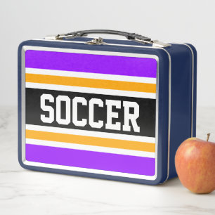 Cool Bright Purple Black Orange SOCCER Stripes Metal Lunch Box