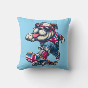 Cool British Bulldog on Skateboard  Throw Pillow