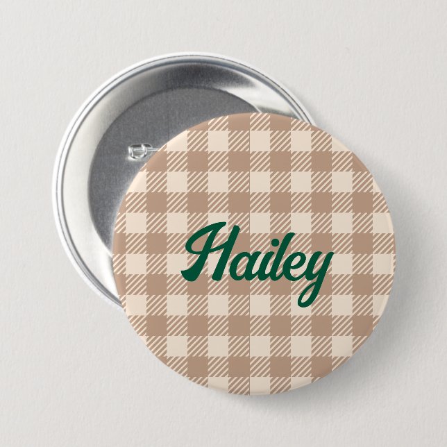 Cool brown beige gingham preppy plaid checked 3 inch round button (Front & Back)