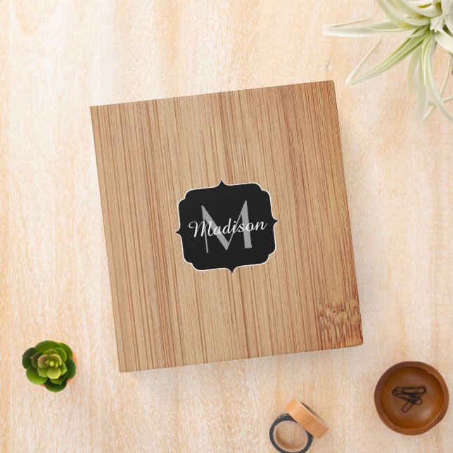 Cool brown burnt bamboo wood print Monogram Binder (In Situ)