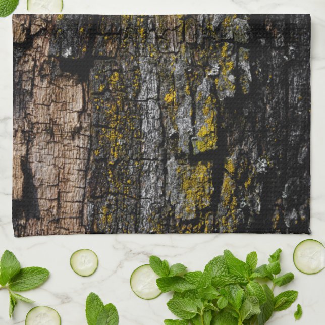 Cool Brown mossy wood bark with yellow lichen Kitchen Towel (Folded)