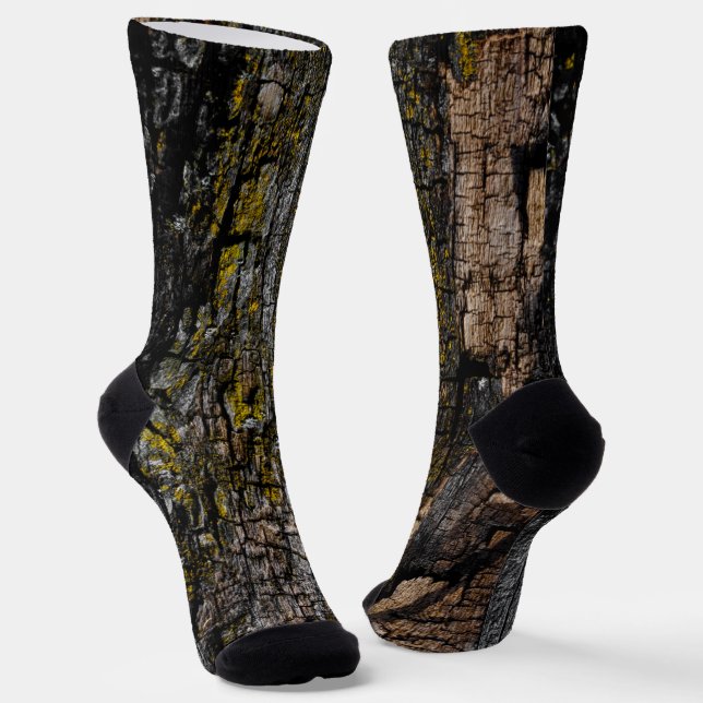 Cool Brown mossy wood bark with yellow lichen Socks (Angled)