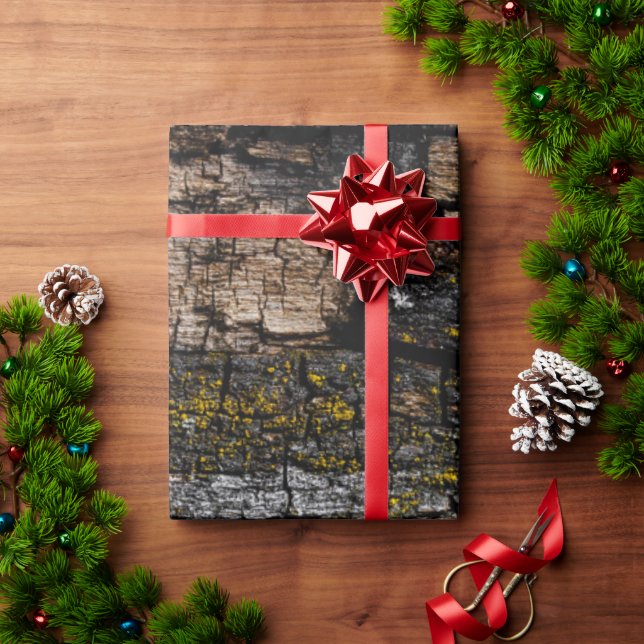 Cool Brown mossy wood bark with yellow lichen Wrapping Paper (Holiday Gift)