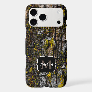Cool Brown mossy wood bark yellow lichen Monogram