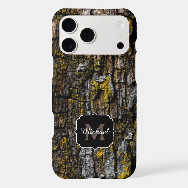 Cool Brown mossy wood bark yellow lichen Monogram (Back)