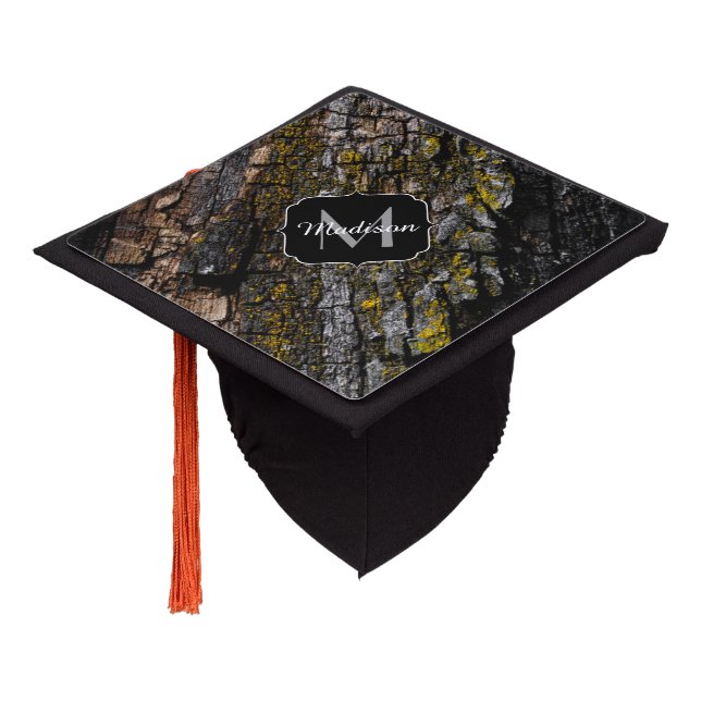 Cool Brown mossy wood bark yellow lichen Monogram Graduation Cap Topper (Angled)