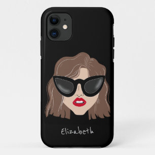 Cool Brunette with Glasses Black Custom Name iPhone 11 Case