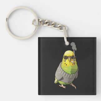Cool Budgie in Grey Sweater and Sunglasses Illustr Keychain