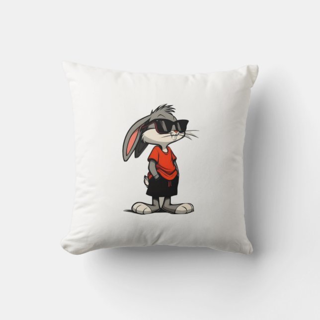 Cool Bunny in Shades Cartoon Illustration Throw Pillow (Front)