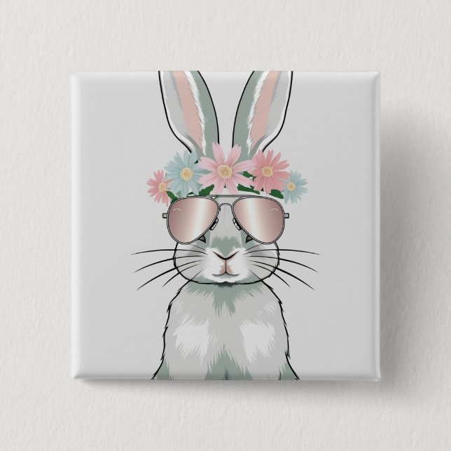 Cool Bunny Sticker – Aviator Sunglasses & Flowers  2 Inch Square Button (Front)