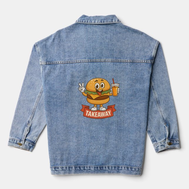 Cool Burger Buddy with Juice – Fun Cartoon Charact Denim Jacket (Back)