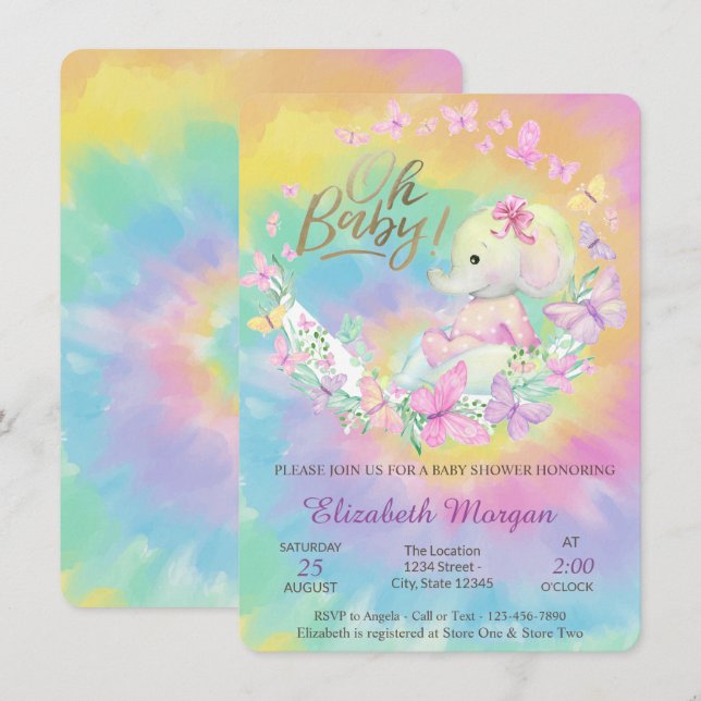 Cool Butterflies Elephant Tie Dye Baby Shower   Invitation (Front/Back)