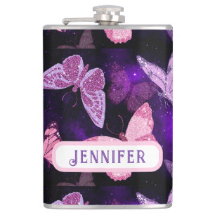 Cool Butterfly Black And Purple Hip Flask