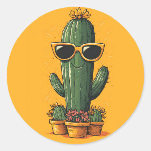 Cool Cactus with Sunglasses and Flowers Classic Round Sticker