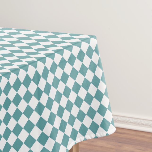 Cool Cadet Blue White Home Decor Chequered Pattern Tablecloth (In Situ)