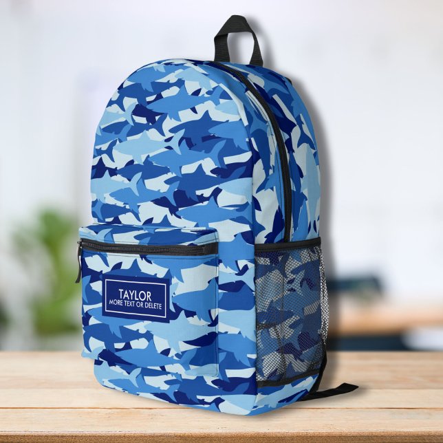 Cool Camo Shark Pattern Personalized Name Text Printed Backpack (Creator Uploaded)