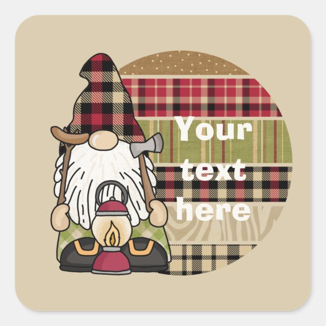cool camping gnome add text square sticker (Front)