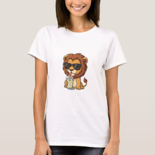 Cool Cartoon Lion Drinking Iced Lemonade T-Shirt