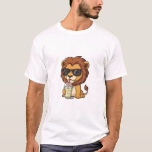 Cool Cartoon Lion Drinking Iced Lemonade T-Shirt
