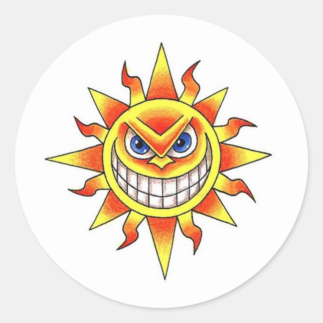 Cool cartoon tattoo symbol evil smiling SUN face Classic Round Sticker (Front)