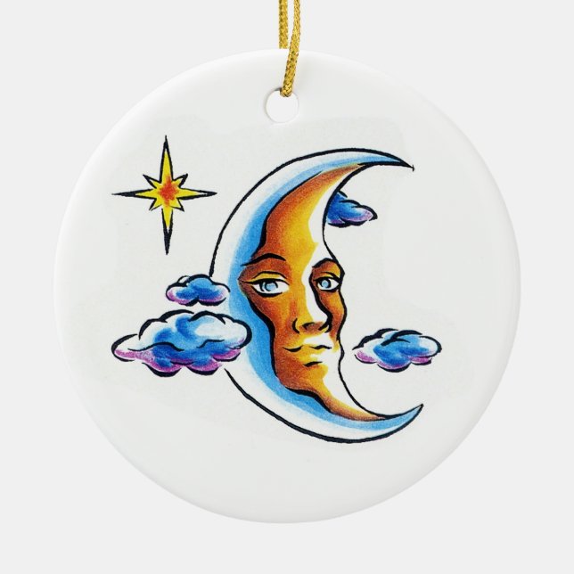 Cool cartoon tattoo symbol Moon face star clouds Ceramic Ornament (Front)