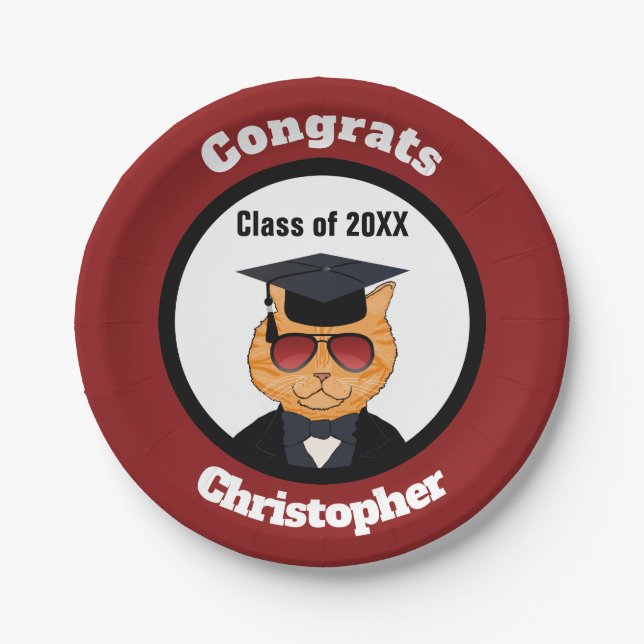 Cool Cat Cartoon Graduation Party Monogram Name Paper Plate (Front)