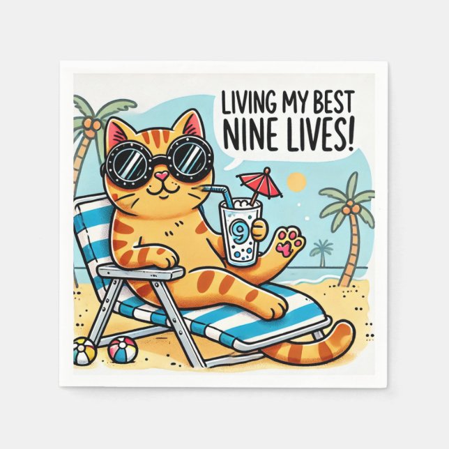 Cool Cat Chilling on the Beach – Funny Cartoon  Napkin (Front)