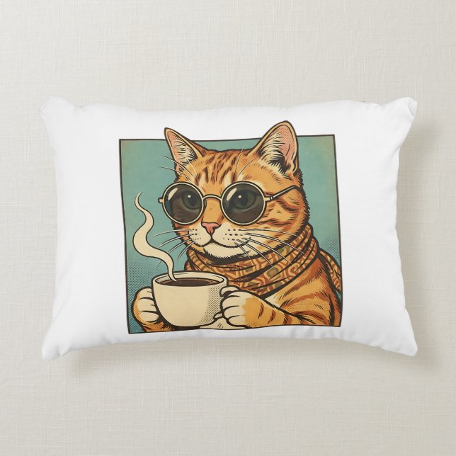 Cool Cat Coffee Retro Style Design for Cat Lovers Accent Pillow (Front)