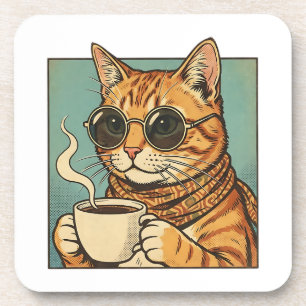 Cool Cat Coffee Retro Style Design for Cat Lovers Coaster
