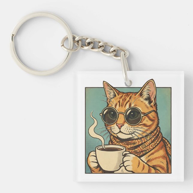 Cool Cat Coffee Retro Style Design for Cat Lovers Keychain (Front)