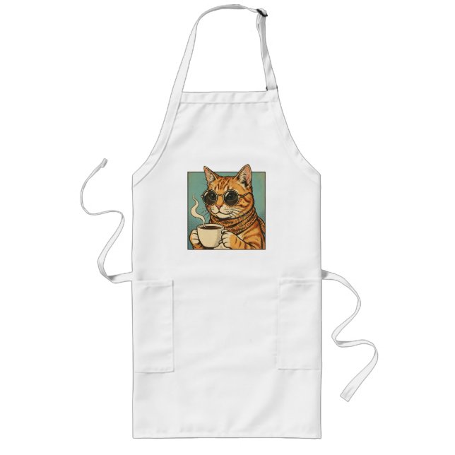 Cool Cat Coffee Retro Style Design for Cat Lovers Long Apron (Front)